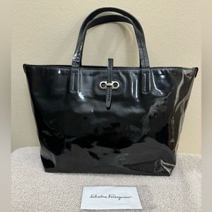 Salvatore Ferragamo Black Patent Leather Bice Tote